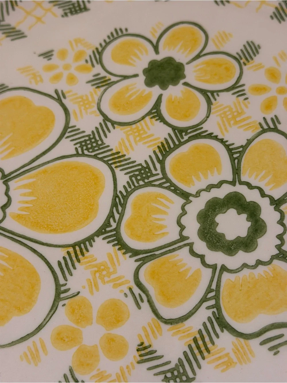 Vintage 12” Round Serving Platter Yellow Green Floral Plaid Folk Art Cottage